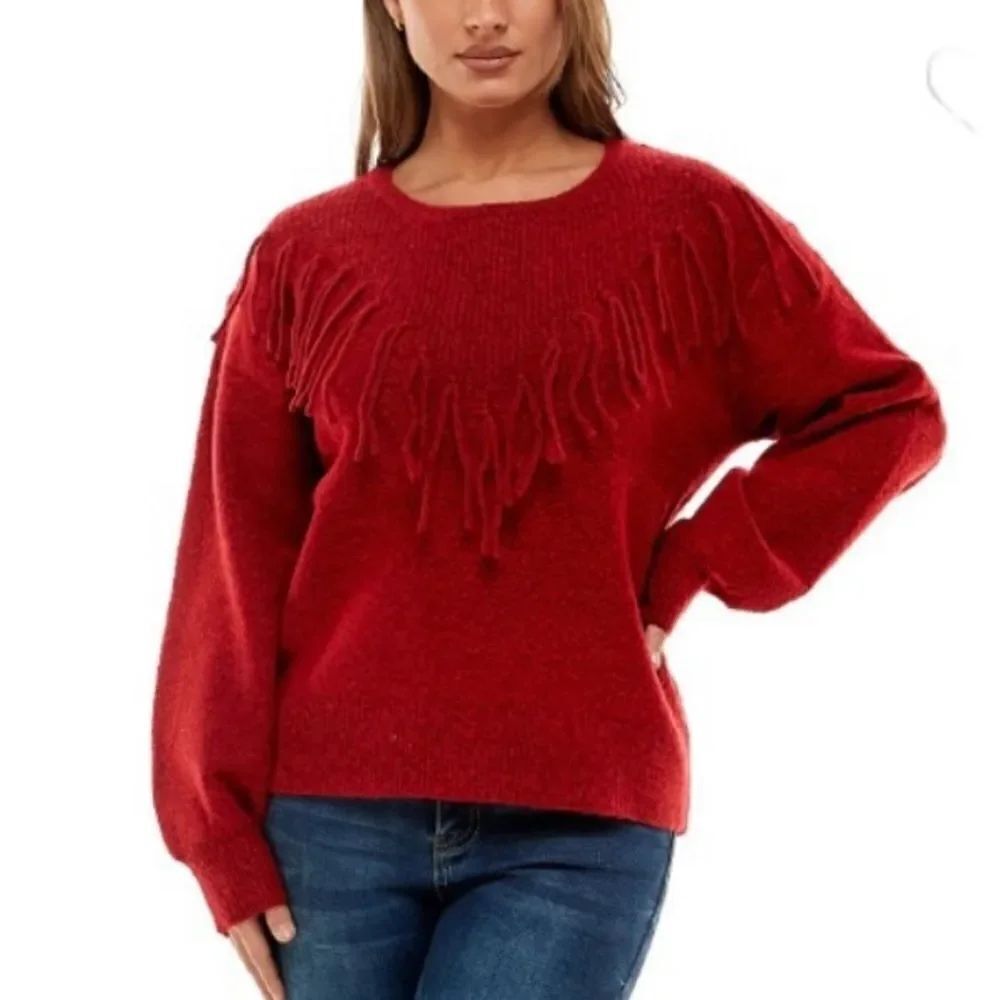 NWT Adrienne Vittadini Sz M Beautiful Red Long Sleeve Crew Neck Fringe Sweater